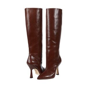 New Stuart Weitzman Parton Coffee Croc-Patterned Heeled Boots